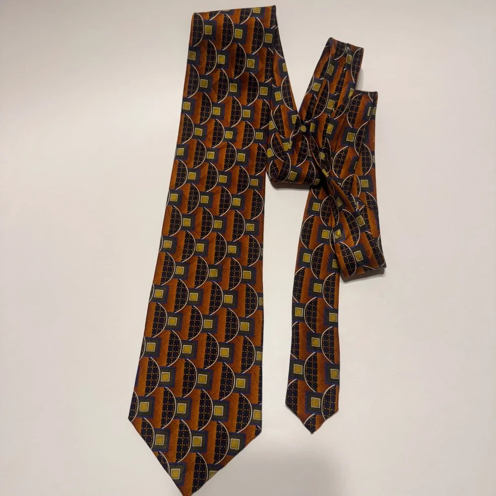 Zinc Men Geometric 100% Silk NeckTie Brown, Blue, Gold‎ Pattern, Business